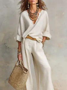 Women Linen Two Piece Set Casual V-Neck Loose Long Sleeve Top And Wide Leg Pants