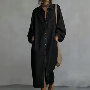 Women long sleeve black denim shirt dress casual loose single breasted lapel midi dress