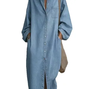 Casual loose long sleeve denim shirt dress for women with lapel single breasted design.