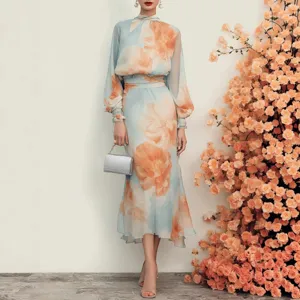 Elegant Chiffon Stand Collar Puff Sleeve High Waist Mermaid Maxi Dress Women Floral Printed Slim Fit Evening Party Formal Gown