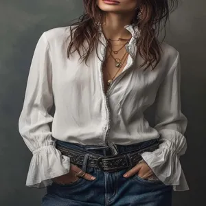 Chic long sleeve white blouse with front zipper closure and ruffled cuffs for women detail.