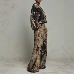 Retro V-neck velvet print two-piece set, elegant long sleeve top and wide leg pants for women.