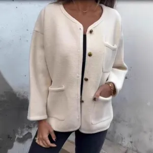 Women casual round neck long sleeve fleece cardigan jacket with patch pockets and gold buttons