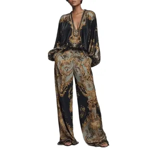 Luxury baroque print velvet pantsuit, V-neck long sleeve top and wide leg pants for women.