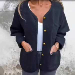 Women fashion casual round neck long sleeve wool cardigan coat with gold buttons