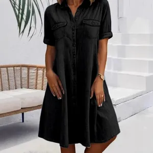 Robe chemise en denim noir pour femme, robe longue grande taille casual à manches courtes