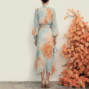 Gentle light blue orange floral chiffon dress with stand collar and puff sleeves.