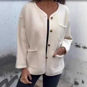 Classic O-neck long sleeve woolen coat for women, casual chic button cardigan outerwear.