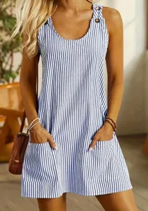 Detailed view of casual blue and white striped pinafore dress with pockets and buttons.