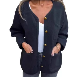 Women casual crew neck long sleeve wool coat with gold buttons and pockets for daily wear.