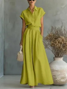 Summer casual solid color shirt and wide leg pants two piece set for women fashion outfit