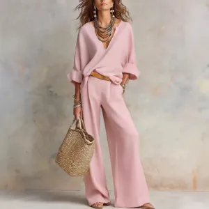 Casual loose linen resort two-piece set for women, featuring a V-neck top and wide-leg pants.