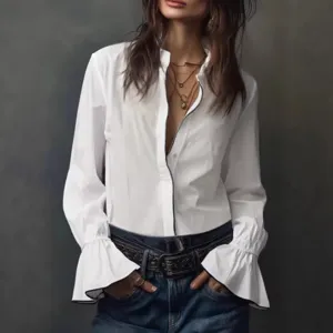 Casual white long sleeve blouse for women with front zipper and stylish ruffle cuffs.
