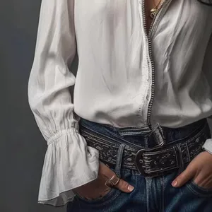 Elegant casual long sleeve zipper solid color women blouse shirt for daily wear top.