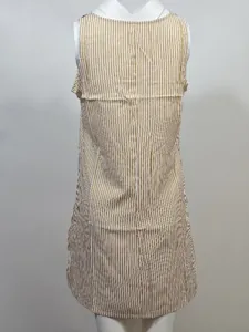 Back detail of women yellow white striped sleeveless mini dress casual summer wear.