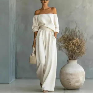 White off-shoulder top and wide leg pants two piece set for women fashion casual wear main
