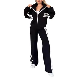 Y2K womens tracksuit casual zip up hoodie and pants set with white stripes activewear outfit