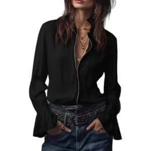 Women black long sleeve full-zip blouse casual solid color crew neck shirt top stylish