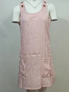 Pink and white striped sleeveless strap dress detail, featuring convenient dual front patch pockets.