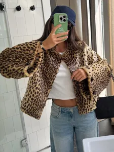 Women leopard print short coat casual warm autumn winter fashion jacket outerwear