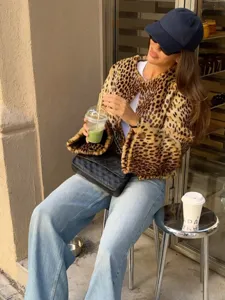 Leopard print short faux fur jacket women winter casual warm outerwear fashion coat