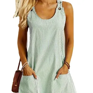 Green and white striped casual sleeveless overall mini dress with buttons and pockets.