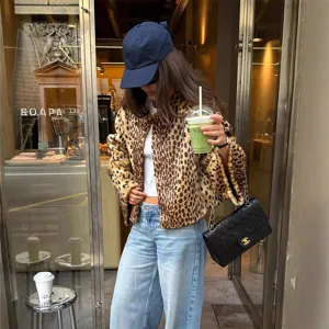 Leopard print short faux fur jacket women casual stylish autumn winter outerwear coat