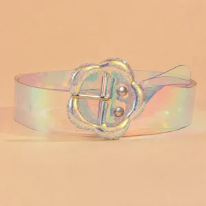 Transparent iridescent PVC belt with sparkly flower buckle, stylish jeans waist accessory.