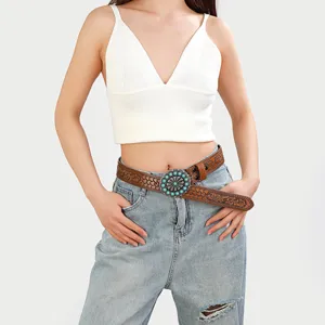 Bohemian retro carved leather belt with turquoise stone buckle for western fashion style.