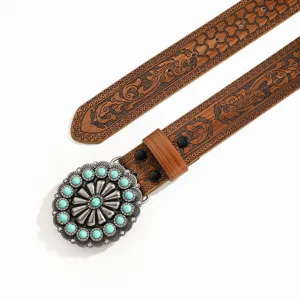 Western boho style brown leather belt with turquoise stone round metal buckle accessory