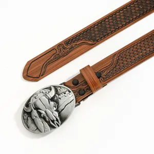 Western cowboy embossed leather belt with vintage metal bull skull buckle for men and women