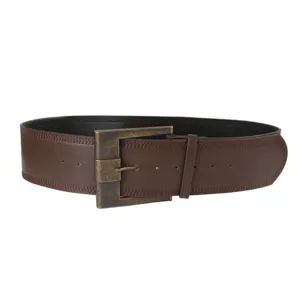 Retro brown wide belt for women featuring a vintage brass square buckle and neat stitching details.
