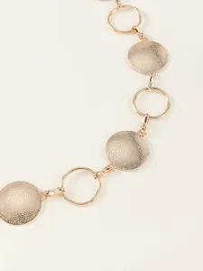 Stylish gold metal waist chain belt featuring geometric rings and textured discs for women dress.