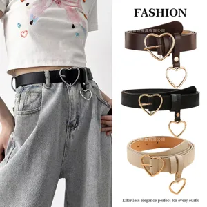 Women Faux Leather Belt With Alloy Heart Buckle Fashion Versatile Waist Belt With Heart Pendant Decorative Pants Belt For Ladies