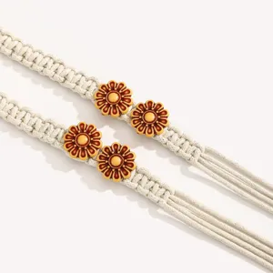 Bohemian braided waist belt for women, beige woven rope with floral charms for dress