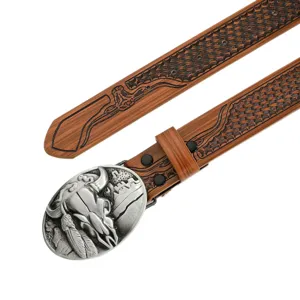 Western Cowboy Embossed Leather Belt Bull Skull Buckle Vintage Unisex Waist Belt