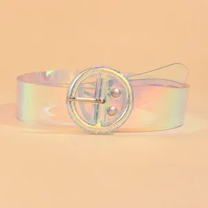 Detailed view of the clear PVC iridescent fashion belt featuring a sparkly round buckle.