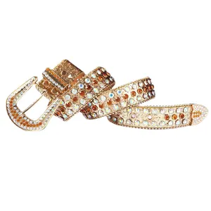 Women rhinestone studded belt sparkling crystal western punk pu leather bling belt