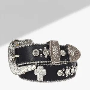 Ceinture en cuir avec strass punk pour hommes et femmes, boucle en alliage élégante et brillante.