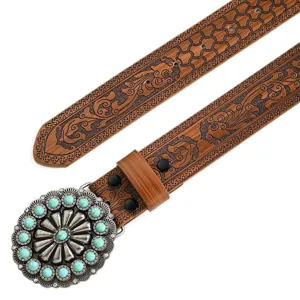 Bohemian Turquoise Leather Belt Vintage Embossed Western Waist Strap for Men Women