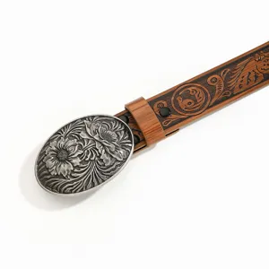 Détail de ceinture rétro embossée à fleurs, bracelet en cuir marron et boucle en argent.