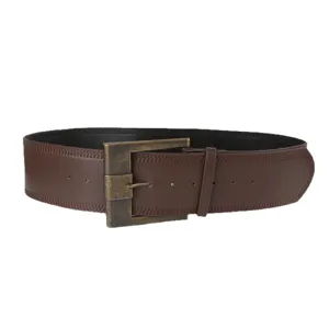 Retro brown wide waist belt for women with vintage metal buckle, stylish dress accessory.