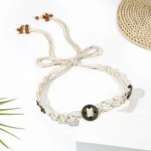 Ceinture chaîne de taille ethnique vintage tressée à la main bohème avec perles en bois