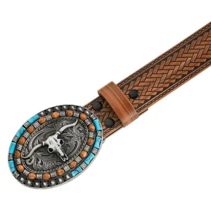 Ceinture en cuir vintage western avec boucle tête de taureau turquoise lanière gaufrée vue.