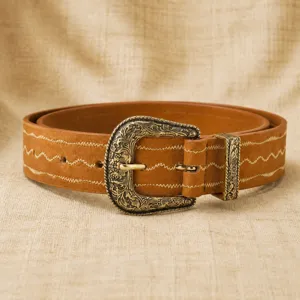 Vintage Women PU Leather Belt With Heavy Carved Alloy Pin Buckle Retro Wave Embroidered Fashion Versatile Waistband Jeans Pants Belt