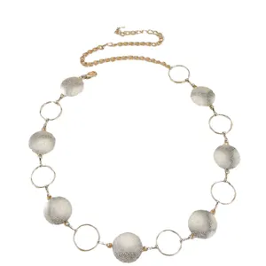 Women fashion metal chain belt with circular textured discs and rings for dress jeans chic accessory