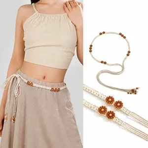 Bohemian woven belt for women, ethnic style braided waist chain with flower beads for dresses.