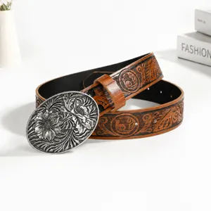 Ceinture en Similicuir Bosselé Rétro pour Femmes Boucle Ovale Alliage Métal Fleurs Botaniques Texturée Ceinture Accessoire de Pantalon Tendance Bijoux