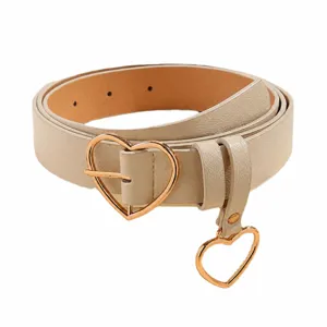 Beige women casual leather belt with gold heart buckle and cute heart pendant accessory.