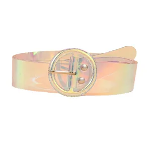 Transparent holographic PVC waist belt with round buckle, fashionable casual jeans accessory.